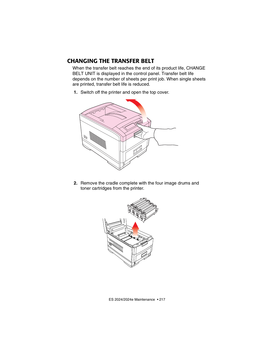 Changing the transfer belt | Oki 2024/2024e User Manual | Page 217 / 260