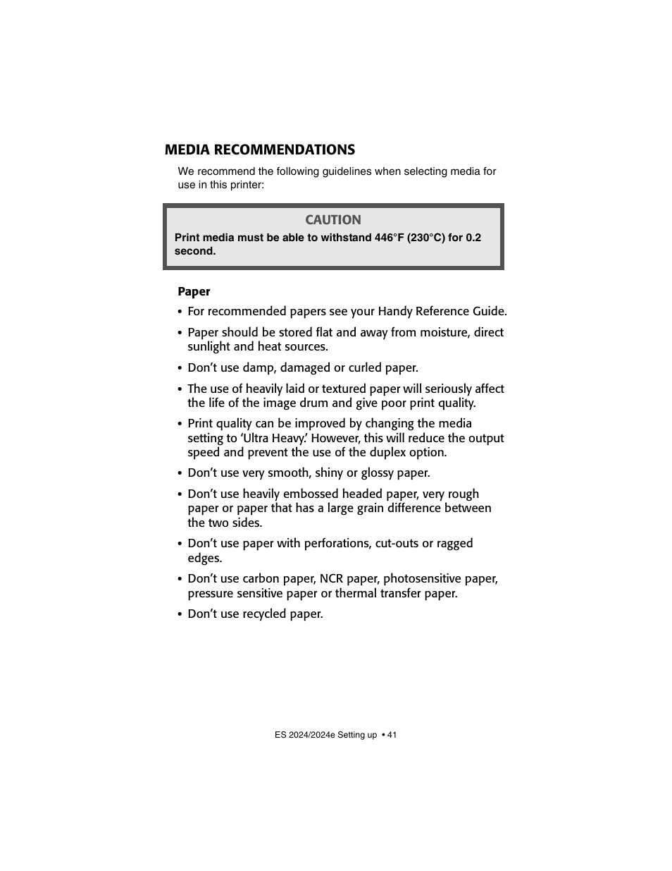 Media recommendations, Paper | Oki 2024/2024e User Manual | Page 41 / 260