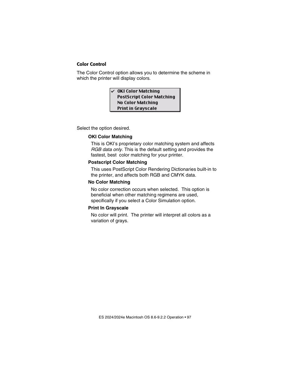 Color control | Oki 2024/2024e User Manual | Page 97 / 260