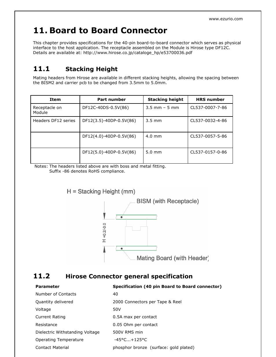 Board to board connector, Stacking height, Hirose connector general specification | Oki BISM2 User Manual | Page 25 / 34