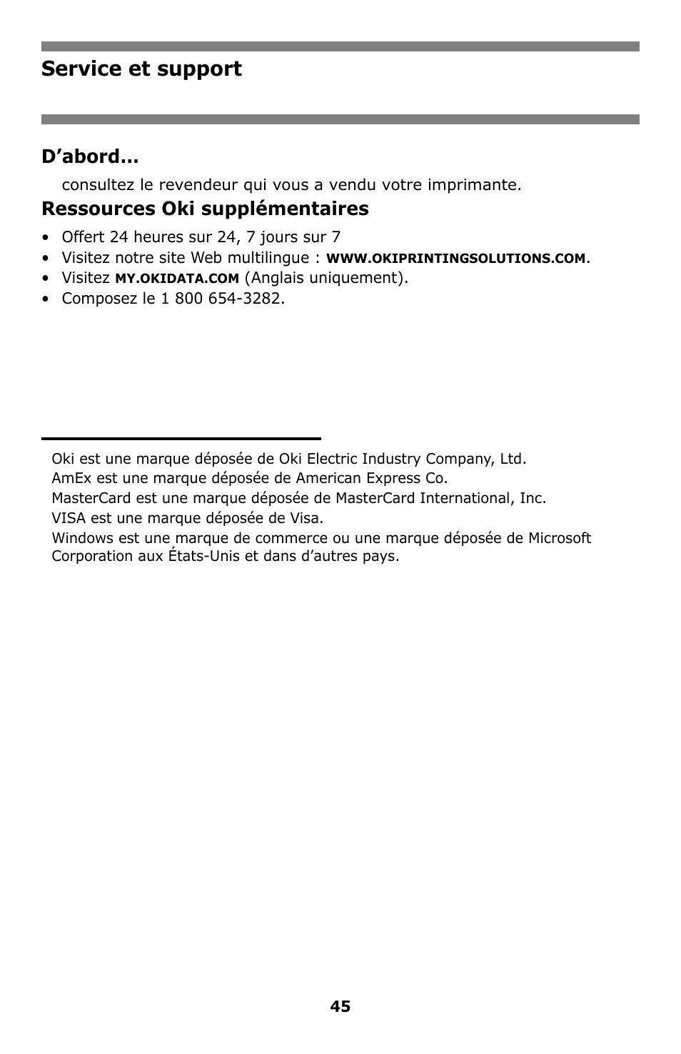 Service et support, D’abord, Ressources oki supplémentaires | Oki C8800 User Manual | Page 45 / 87