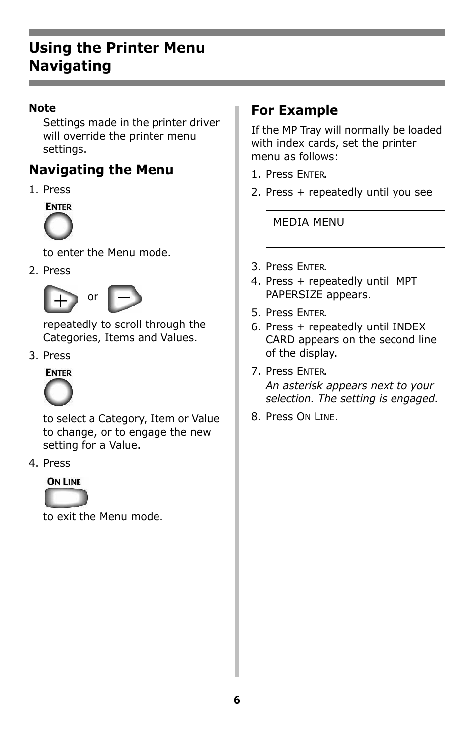 Using the printer menu, Navigating, Using the printer menu navigating | Navigating the menu, For example | Oki C8800 User Manual | Page 6 / 87