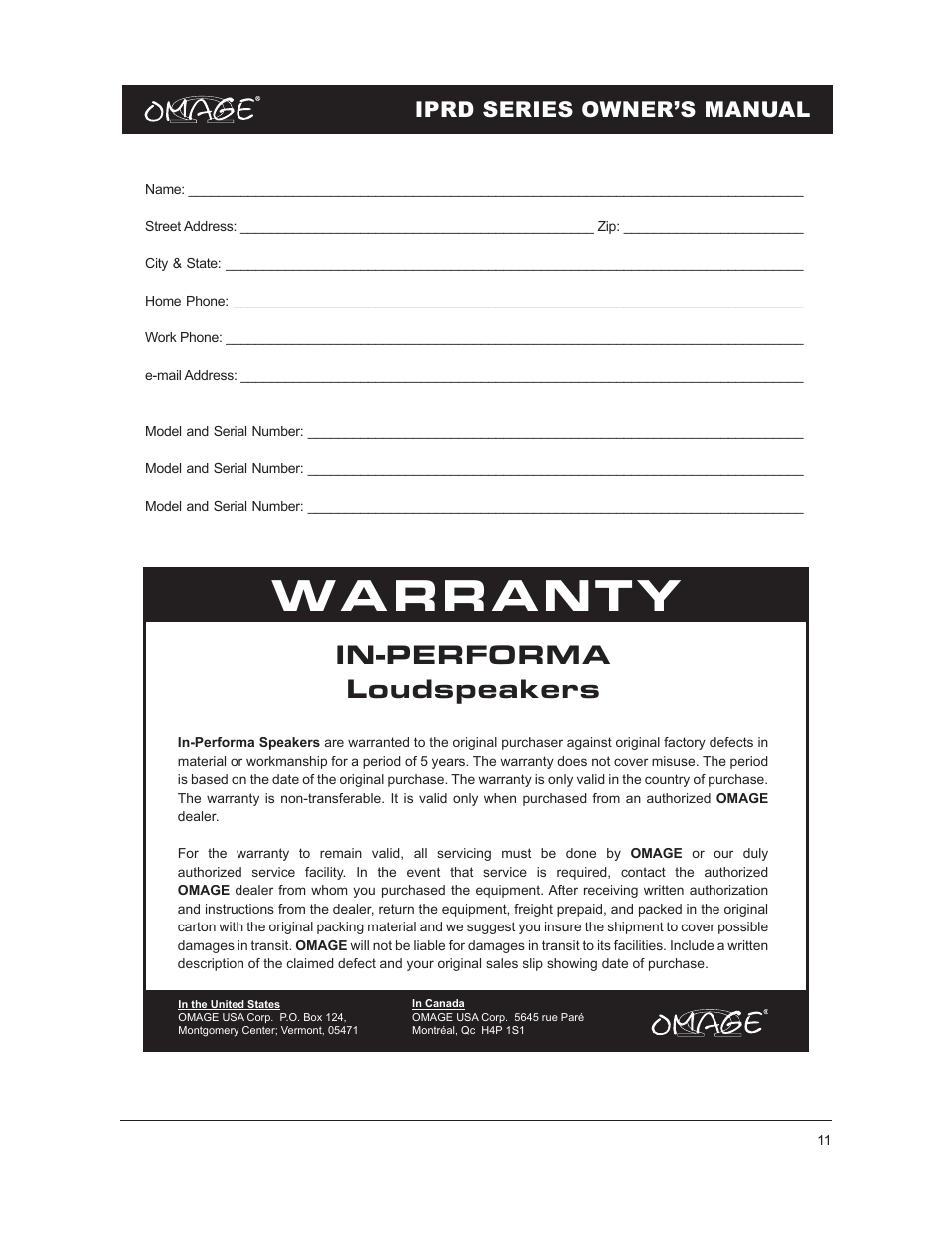 Warranty, In-performa loudspeakers, Iprd series owner’s manual | Omage IPRD8 User Manual | Page 11 / 12