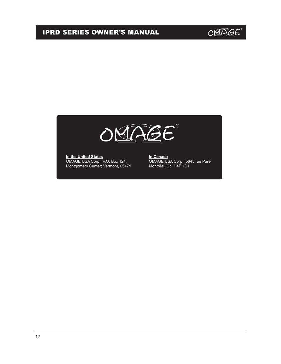Iprd series owner’s manual | Omage IPRD8 User Manual | Page 12 / 12