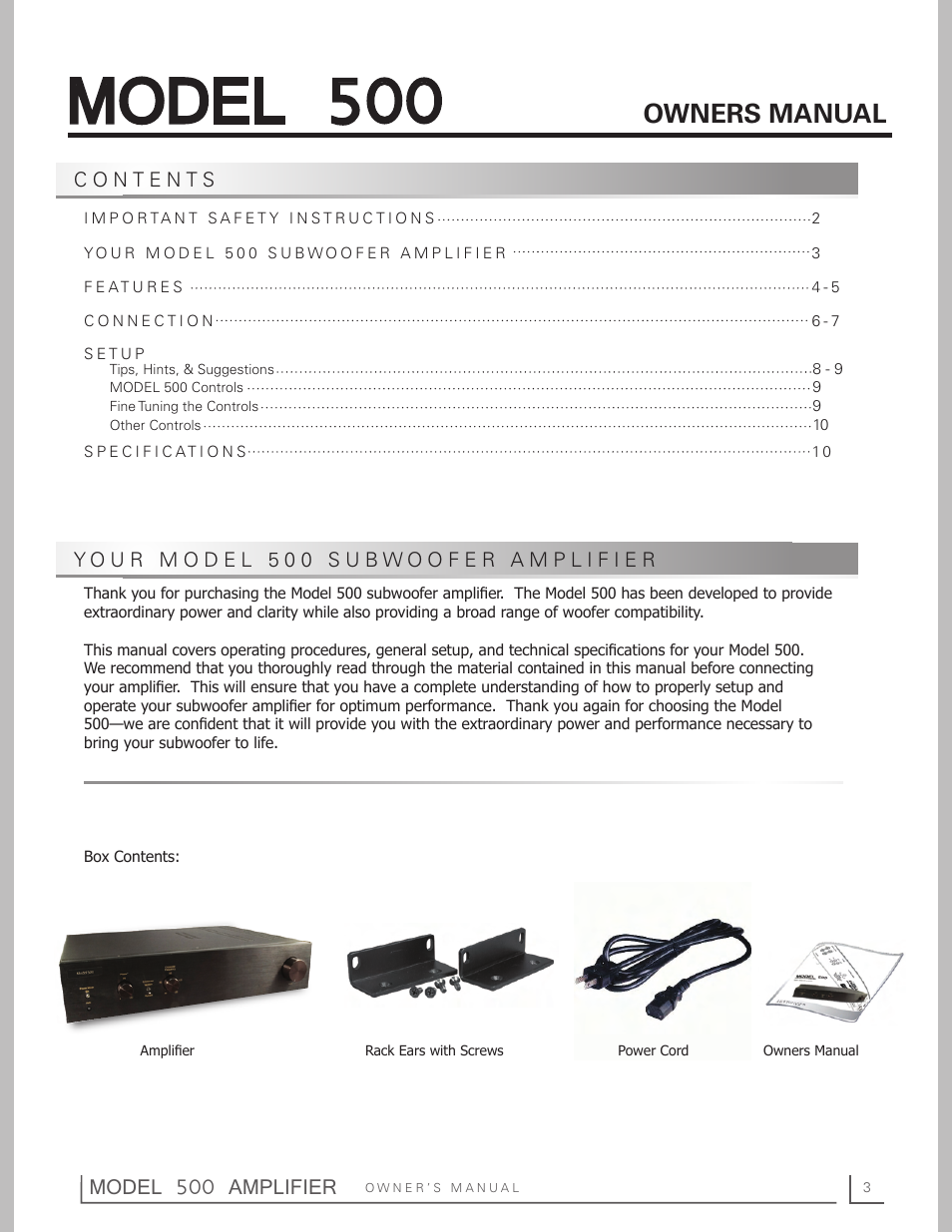 Model 500, Model 500 amplifier, Owners manual | OEM Systems 500 User Manual | Page 3 / 12