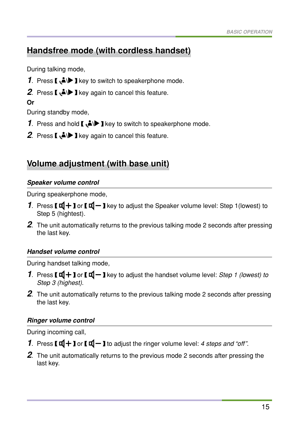 Volume adjustment (with base unit), Handsfree mode (with cordless handset) | Oricom M5500 Series User Manual | Page 17 / 52