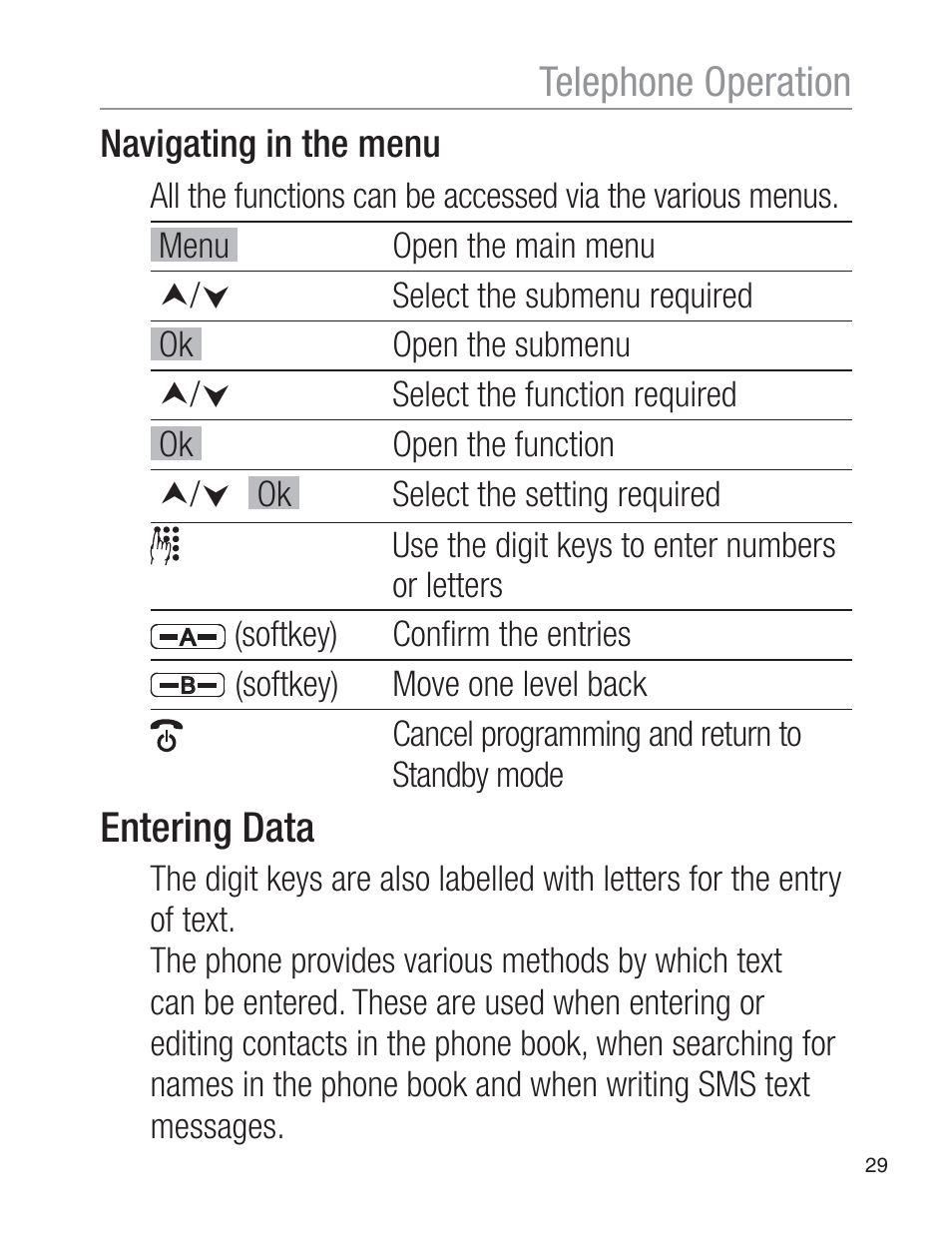 Telephone operation, Entering data | Oricom EZY120 User Manual | Page 29 / 68
