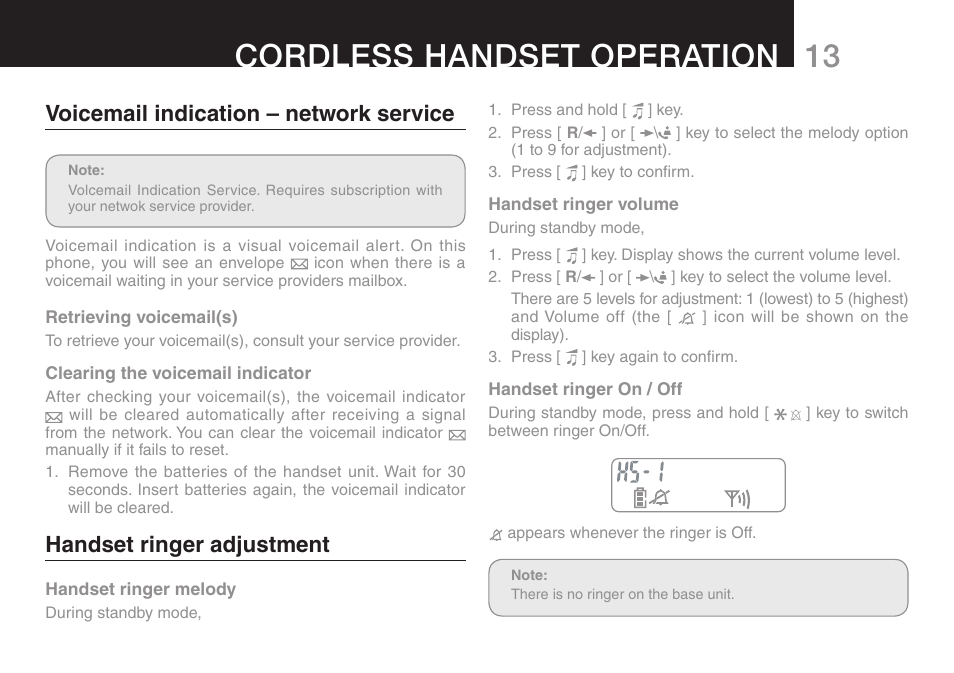 13 cordless handset operation, Voicemail indication – network service, Handset ringer adjustment | Oricom eco50 User Manual | Page 15 / 24