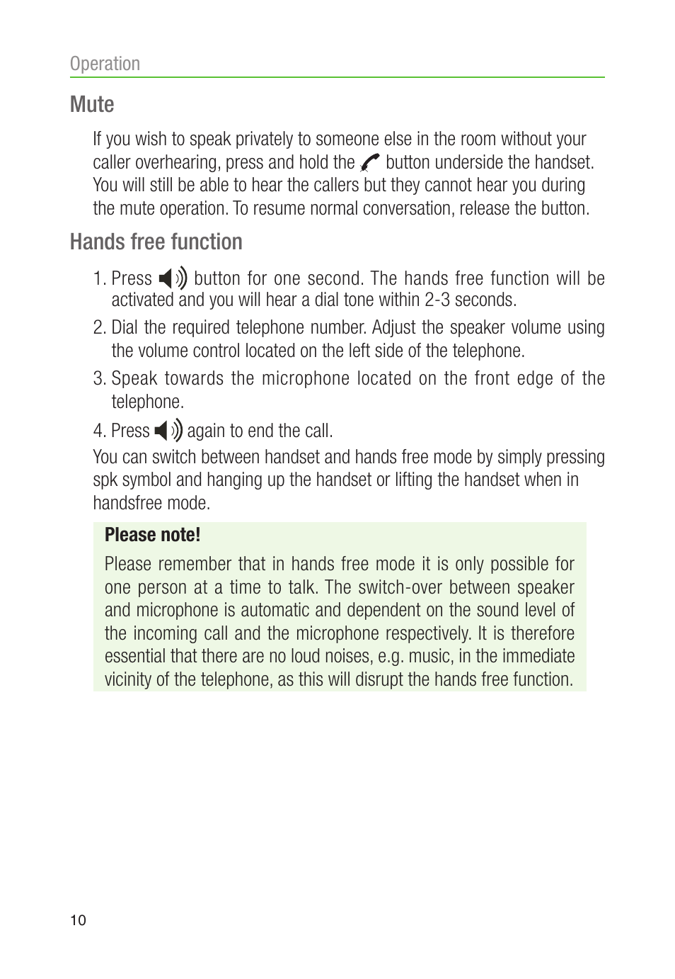 Mute, Hands free function | Oricom CARE90 User Manual | Page 12 / 20