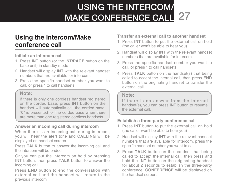 Using the intercom/make conference call | Oricom DECT ECO7100-1 User Manual | Page 29 / 44