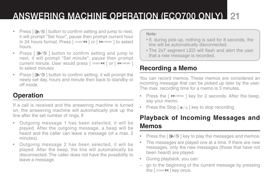 Answering machine operation (eco700 only), Operation | Oricom ECO70 User Manual | Page 23 / 36
