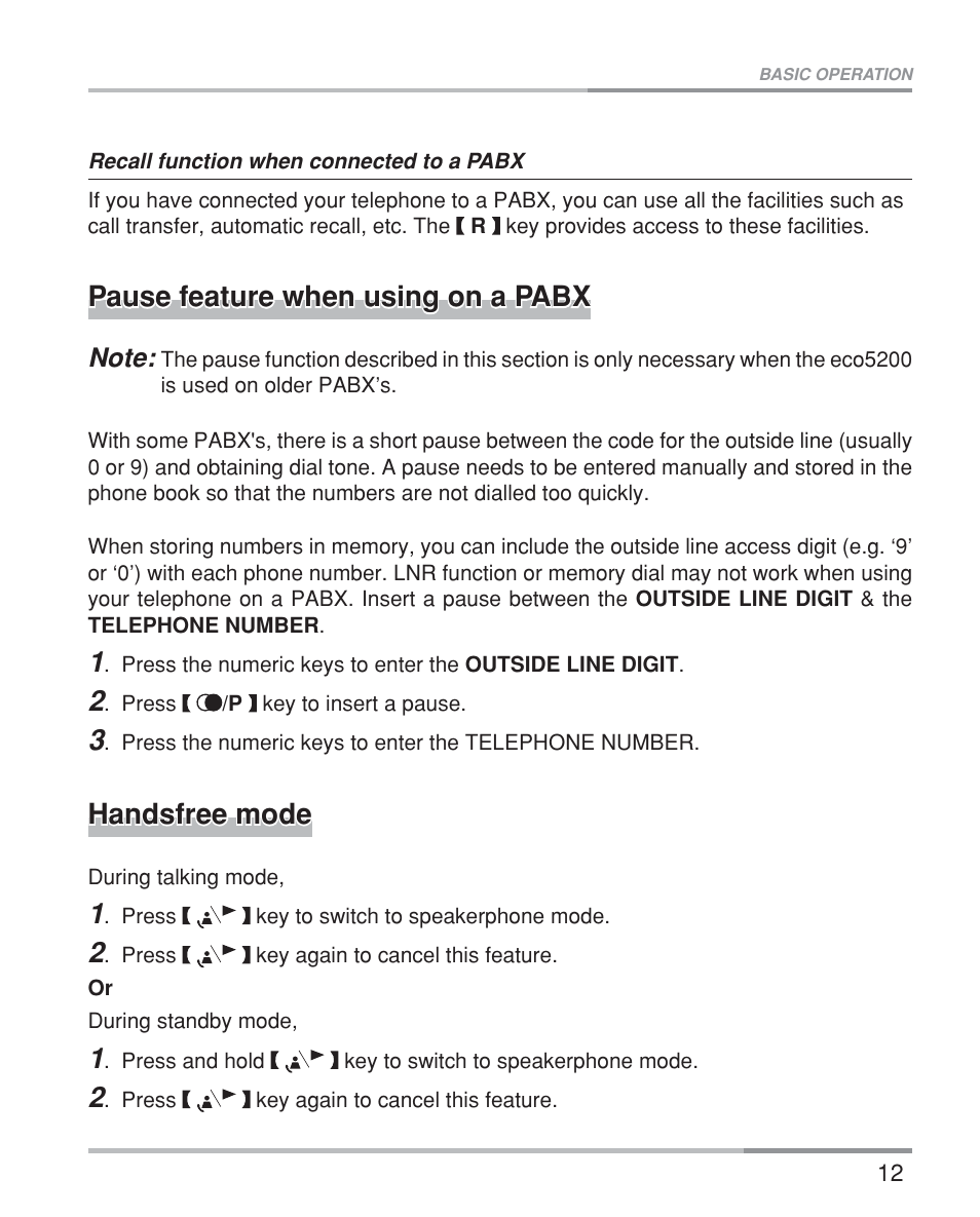 Pause feature when using on a pabx, Handsfree mode | Oricom eco5200 Series User Manual | Page 16 / 46