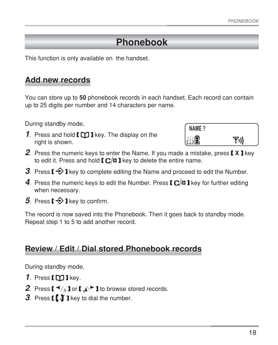 Phonebook, Add new records, Review / edit / dial stored phonebook records | Oricom eco5200 Series User Manual | Page 22 / 46