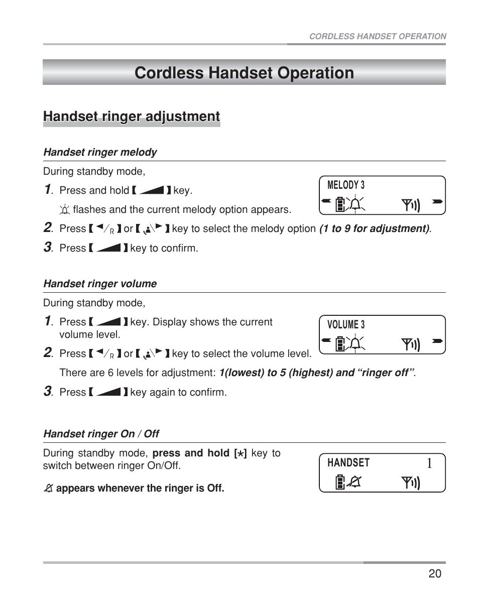 Cordless handset operation, Handset ringer adjustment | Oricom eco5200 Series User Manual | Page 24 / 46