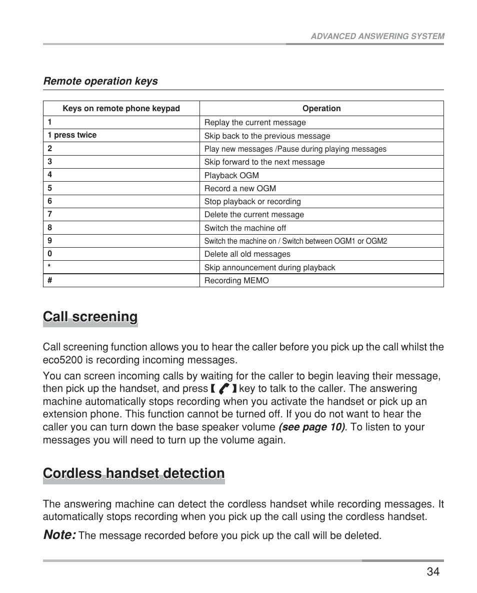 Call screening, Cordless handset detection | Oricom eco5200 Series User Manual | Page 38 / 46