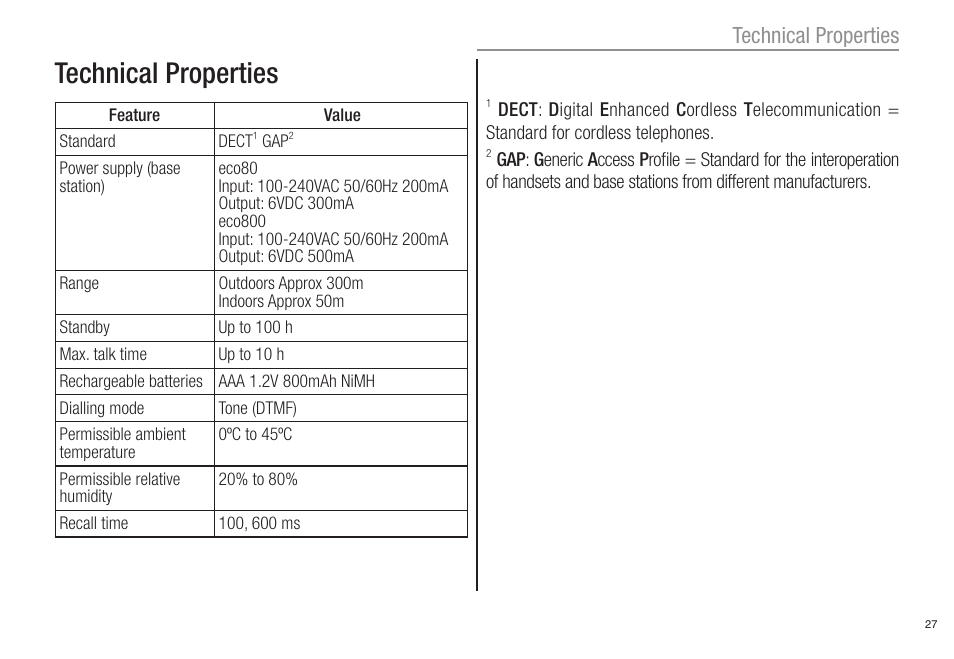 Technical properties | Oricom ECO80 User Manual | Page 29 / 36