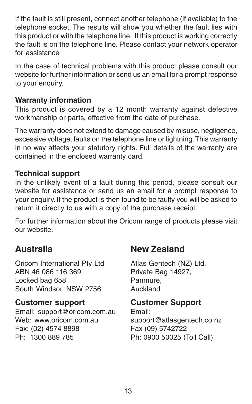 Australia, New zealand | Oricom AM880 User Manual | Page 14 / 14