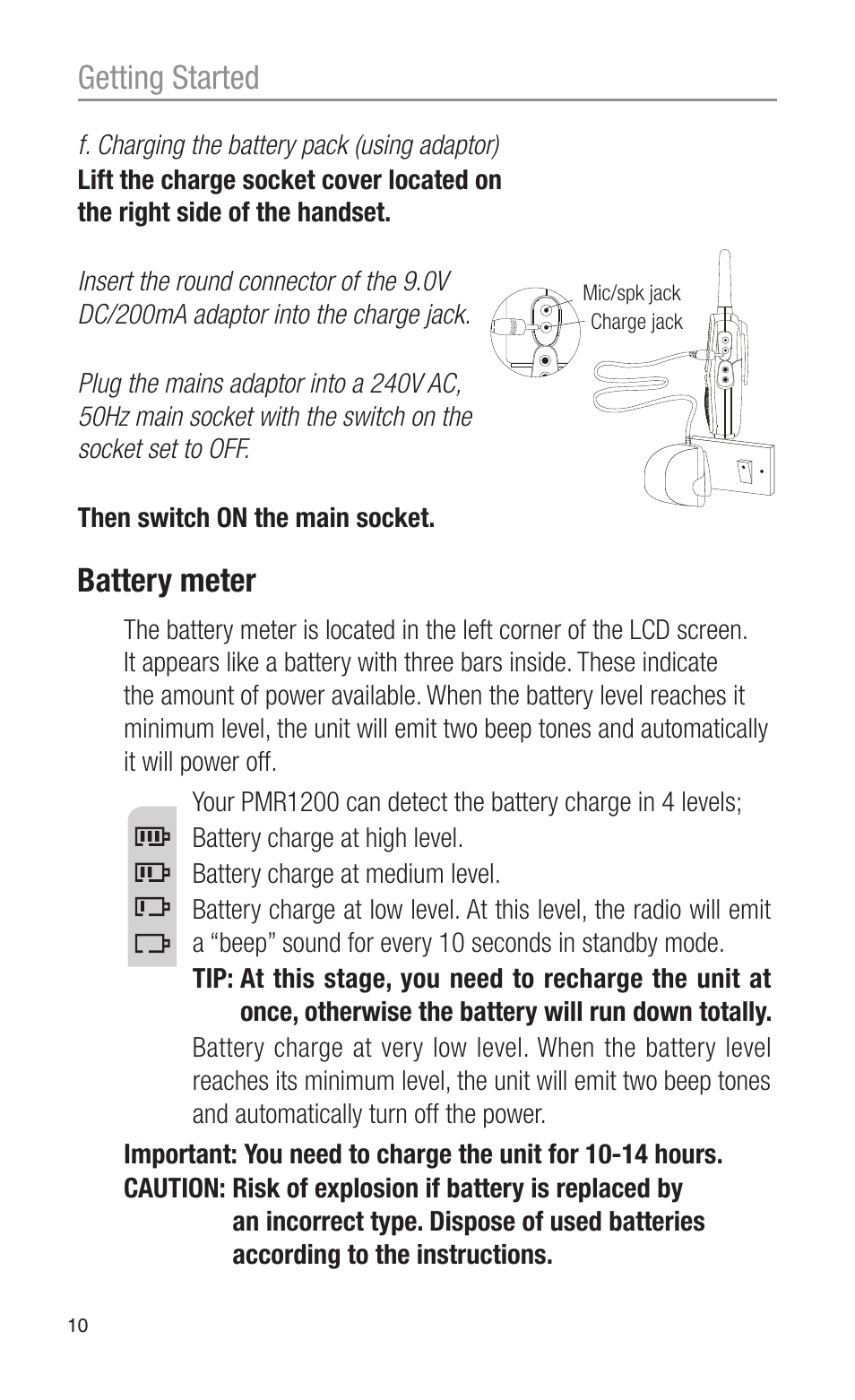 Getting started battery meter | Oricom CITIZEN BAND RADIO PMR1200 User Manual | Page 10 / 28