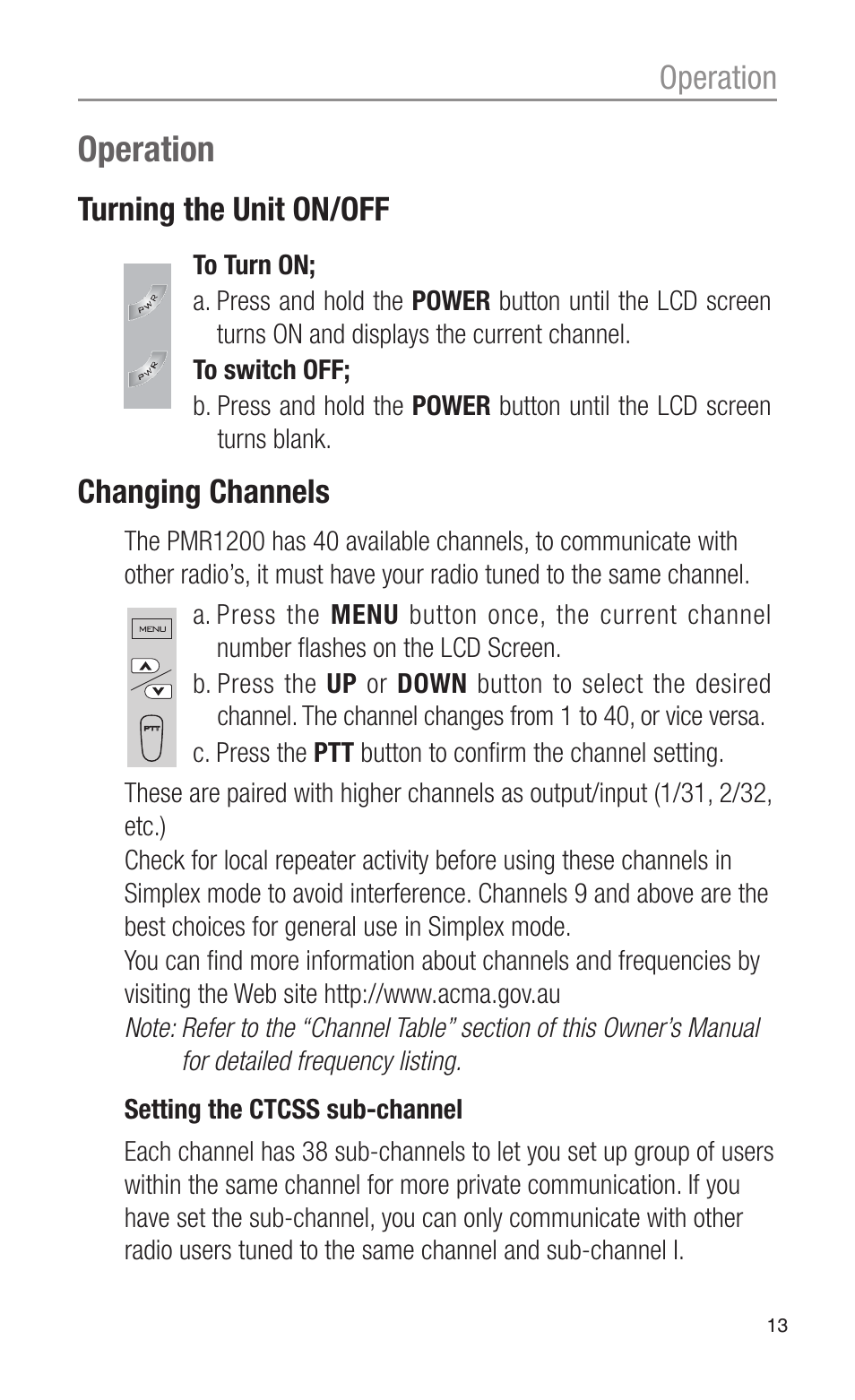 Operation, Turning the unit on/off, Changing channels | Oricom CITIZEN BAND RADIO PMR1200 User Manual | Page 13 / 28