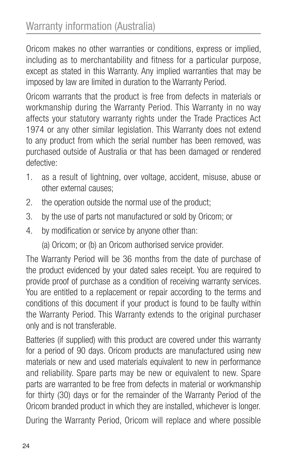 Warranty information (australia) | Oricom CITIZEN BAND RADIO PMR1200 User Manual | Page 24 / 28