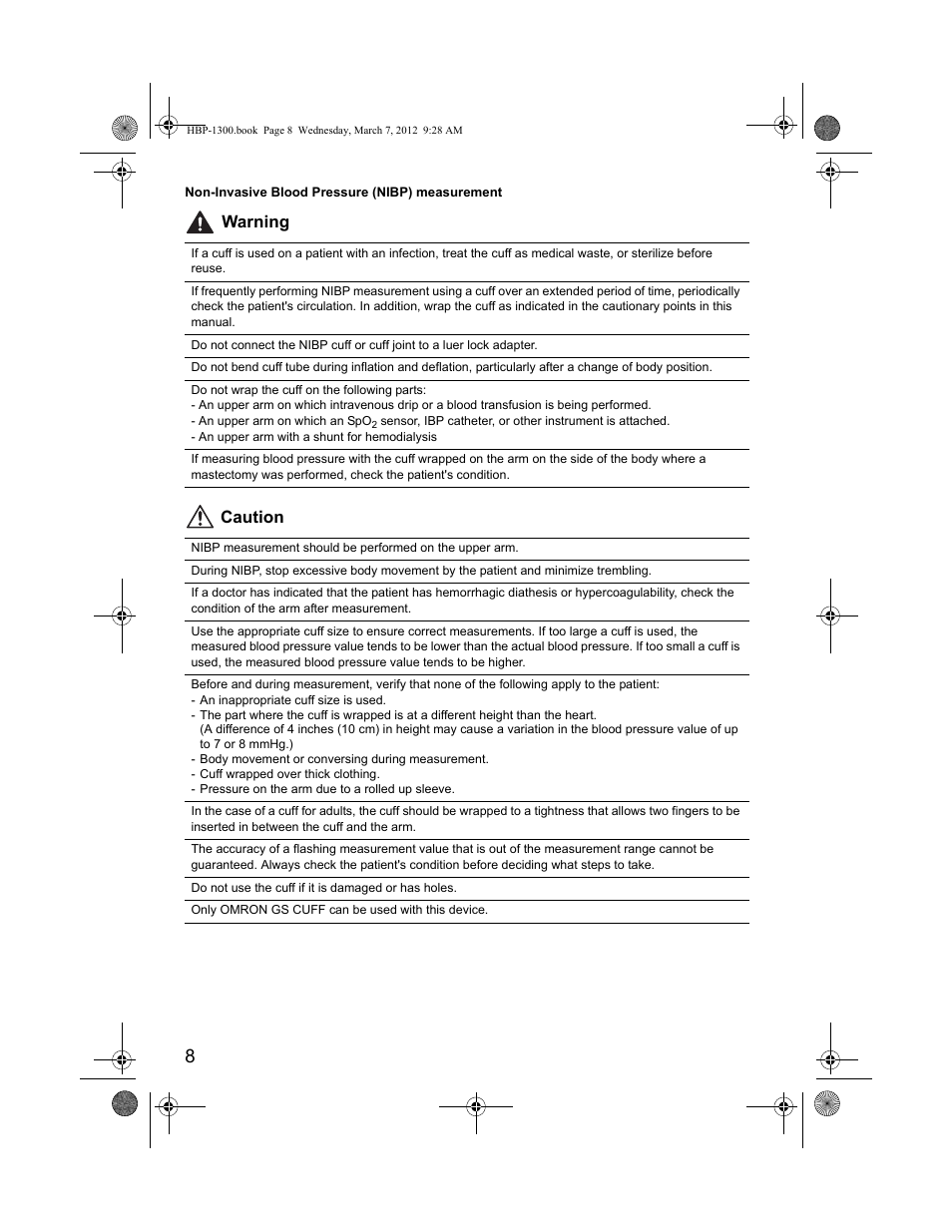 Warning caution | Omron Professional Blood Pressure Monitor HBP-1300 User Manual | Page 10 / 40