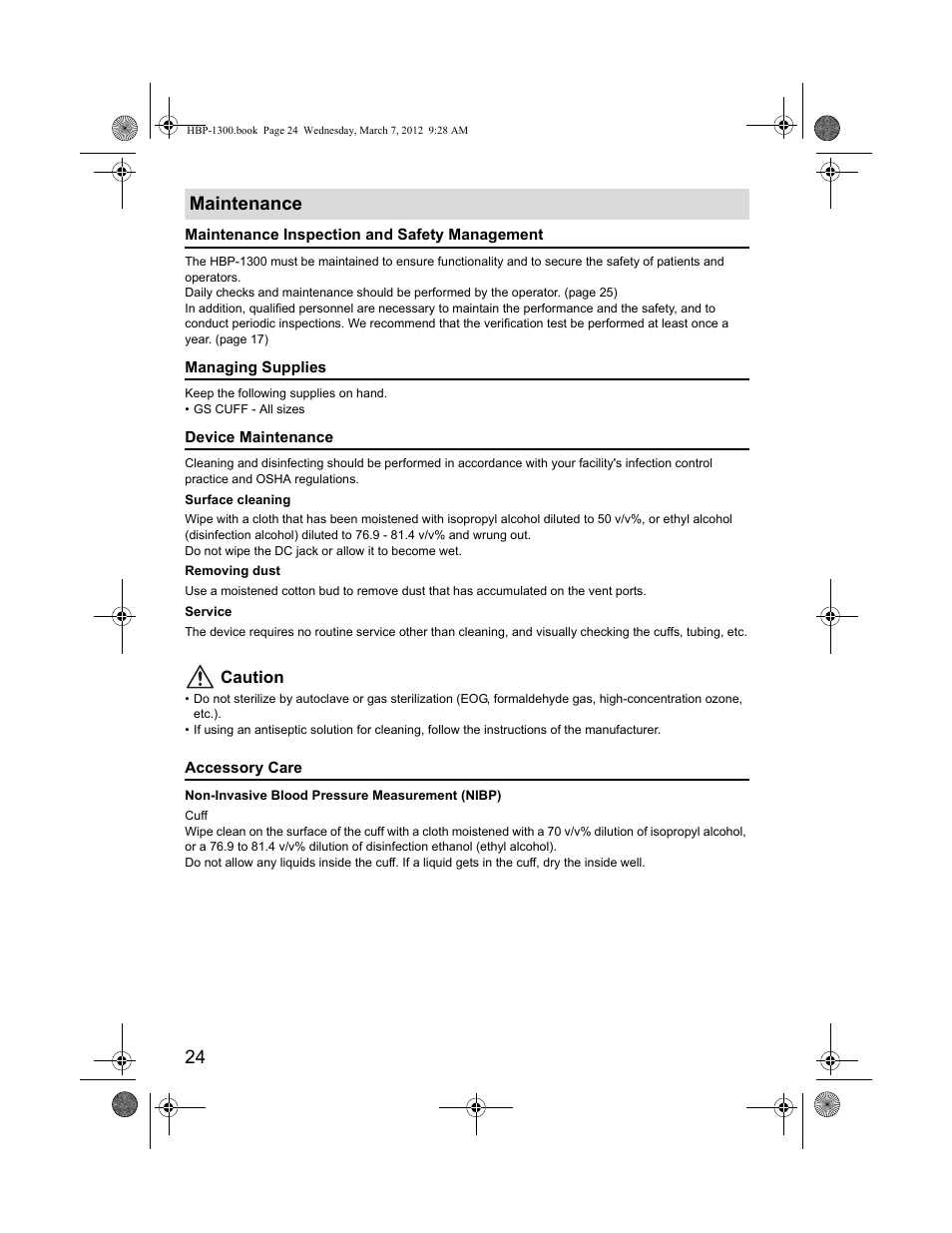 24 maintenance, Caution | Omron Professional Blood Pressure Monitor HBP-1300 User Manual | Page 26 / 40