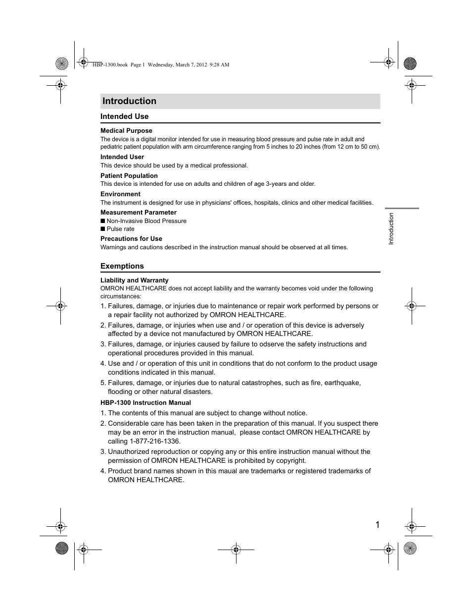 Introduction | Omron Professional Blood Pressure Monitor HBP-1300 User Manual | Page 3 / 40