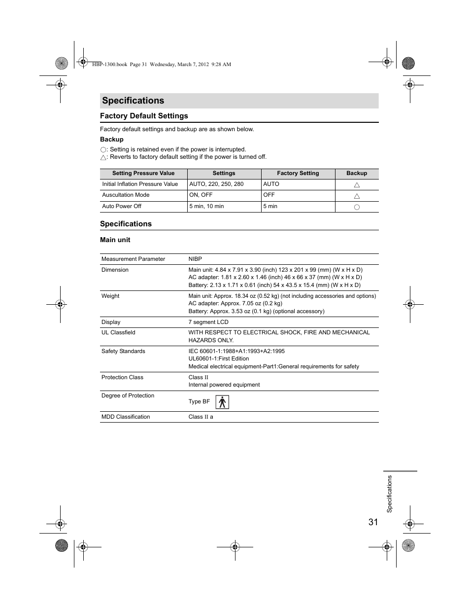 Specifications | Omron Professional Blood Pressure Monitor HBP-1300 User Manual | Page 33 / 40