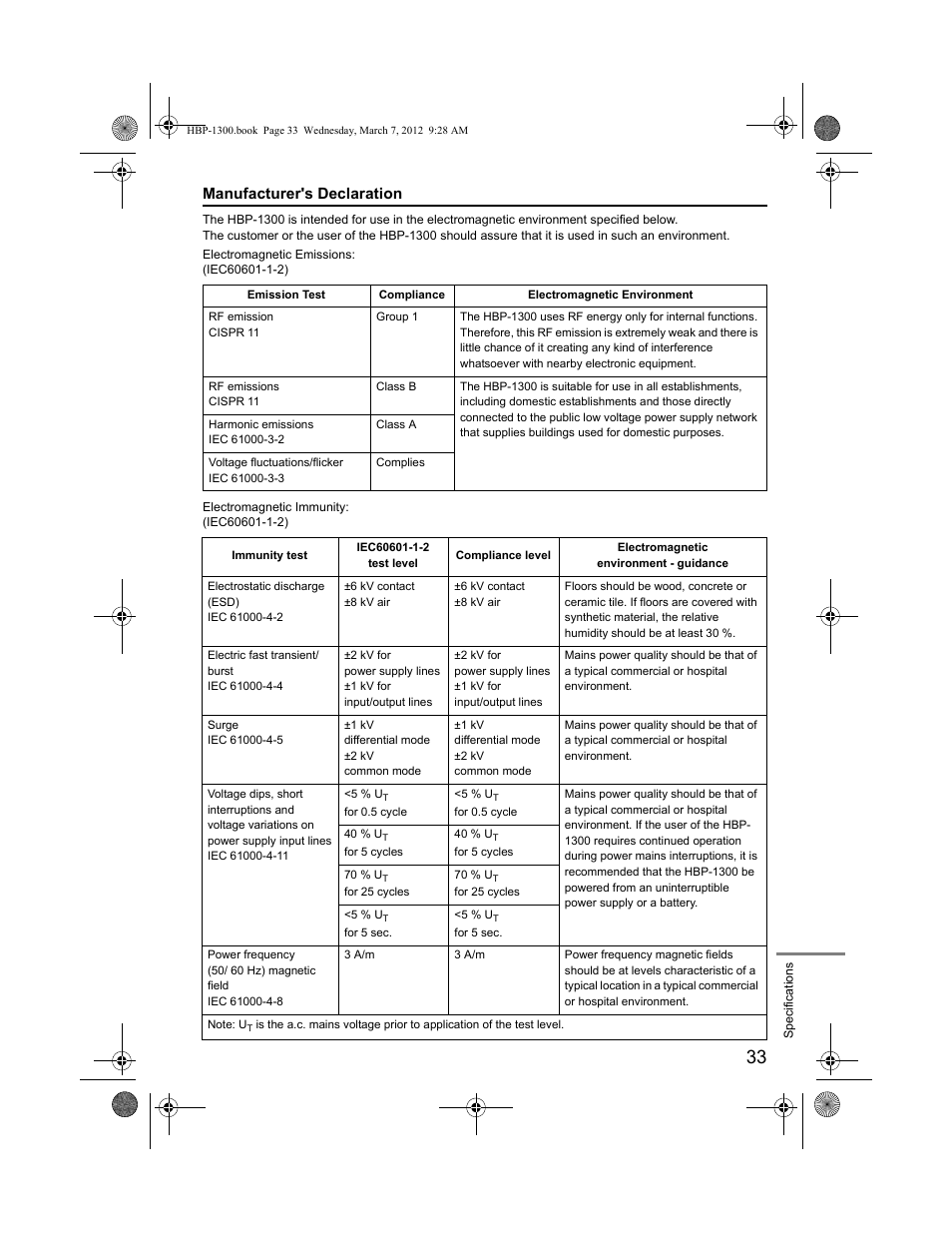 Manufacturer's declaration | Omron Professional Blood Pressure Monitor HBP-1300 User Manual | Page 35 / 40
