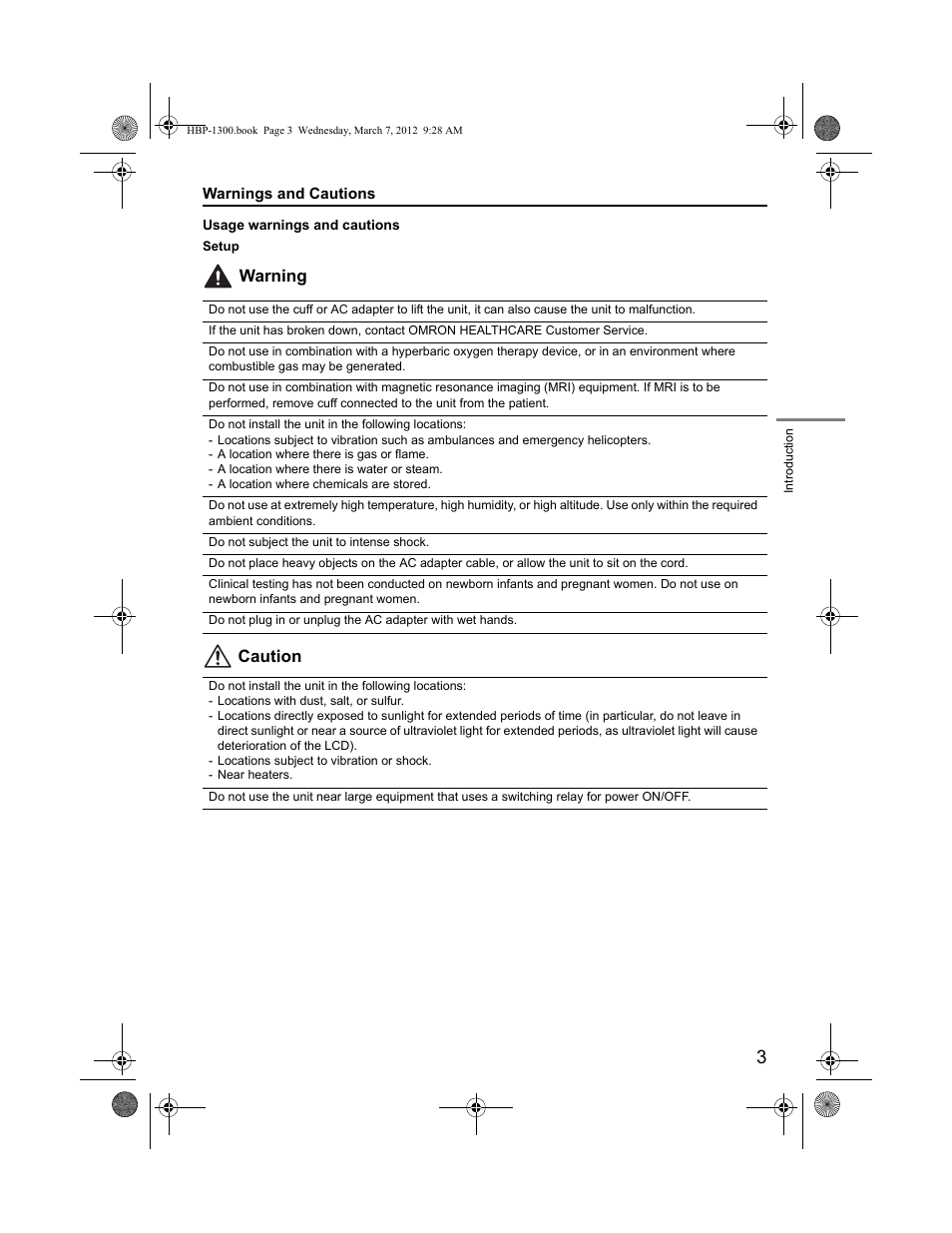 Warning caution | Omron Professional Blood Pressure Monitor HBP-1300 User Manual | Page 5 / 40