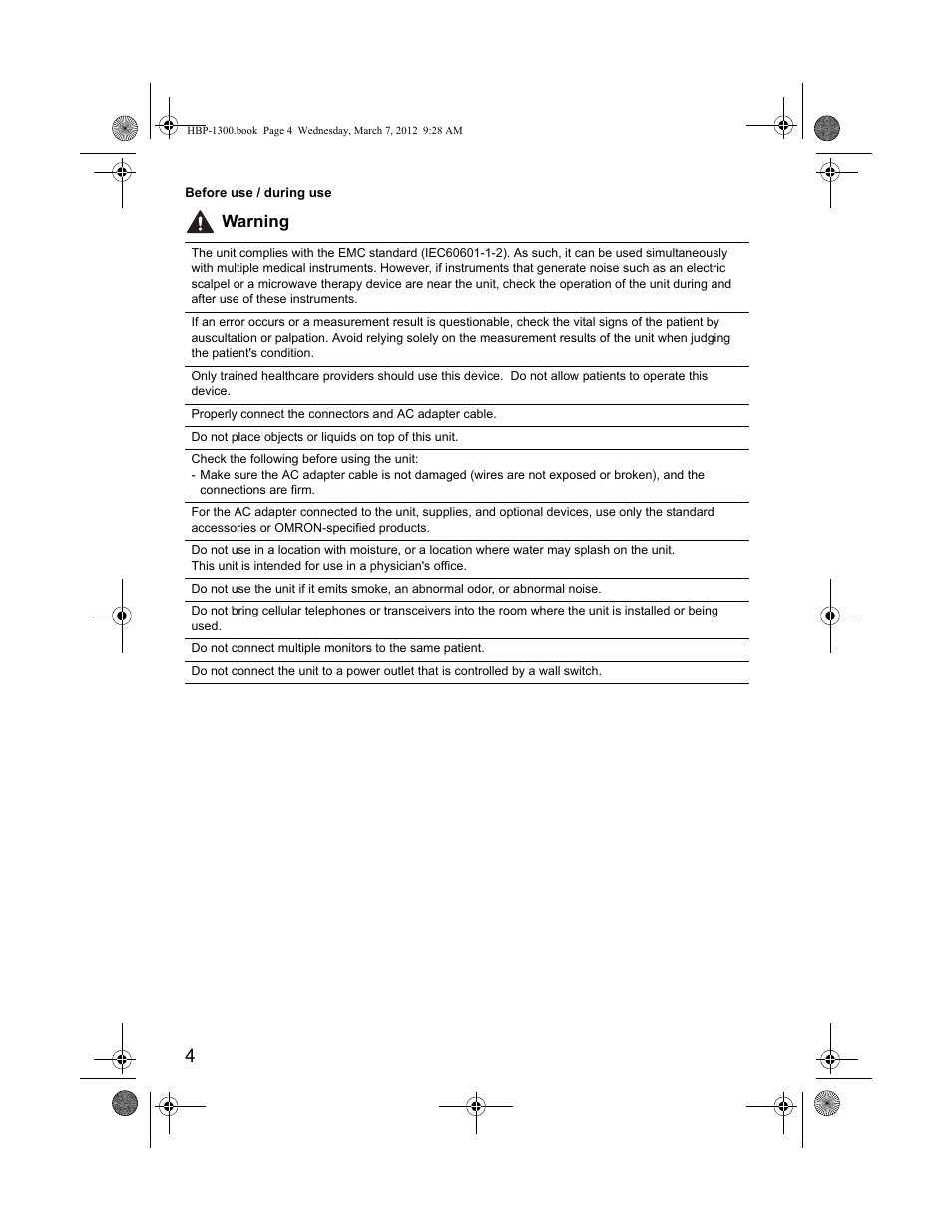 Warning | Omron Professional Blood Pressure Monitor HBP-1300 User Manual | Page 6 / 40