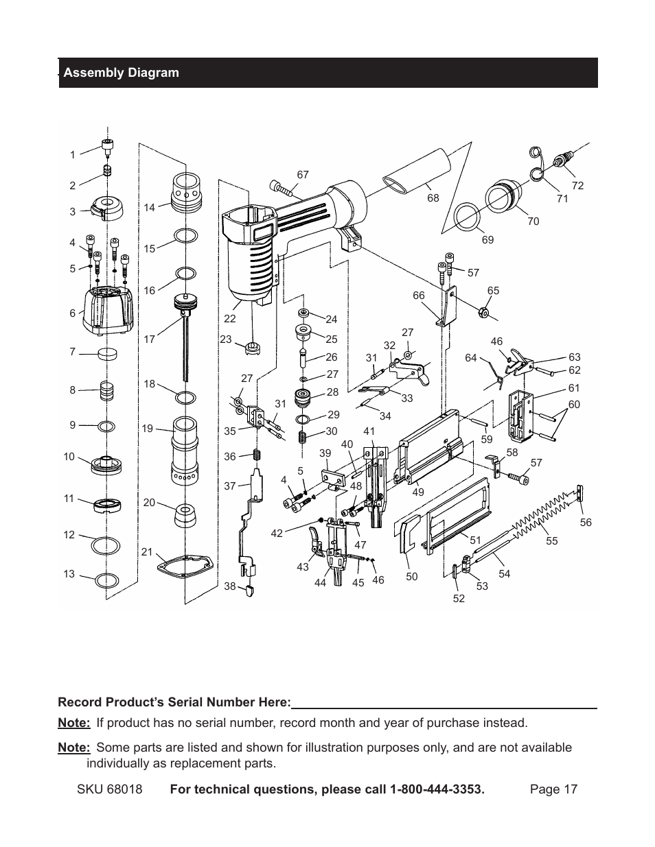 Assembly diagram | OxiBrands 1/4" 18 Gauge Crown Air Stapler 68018 User Manual | Page 17 / 18