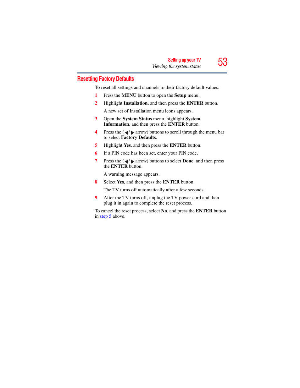 Resetting factory defaults | OxiBrands Integrated High Definition LCD Television 40E220U User Manual | Page 53 / 130