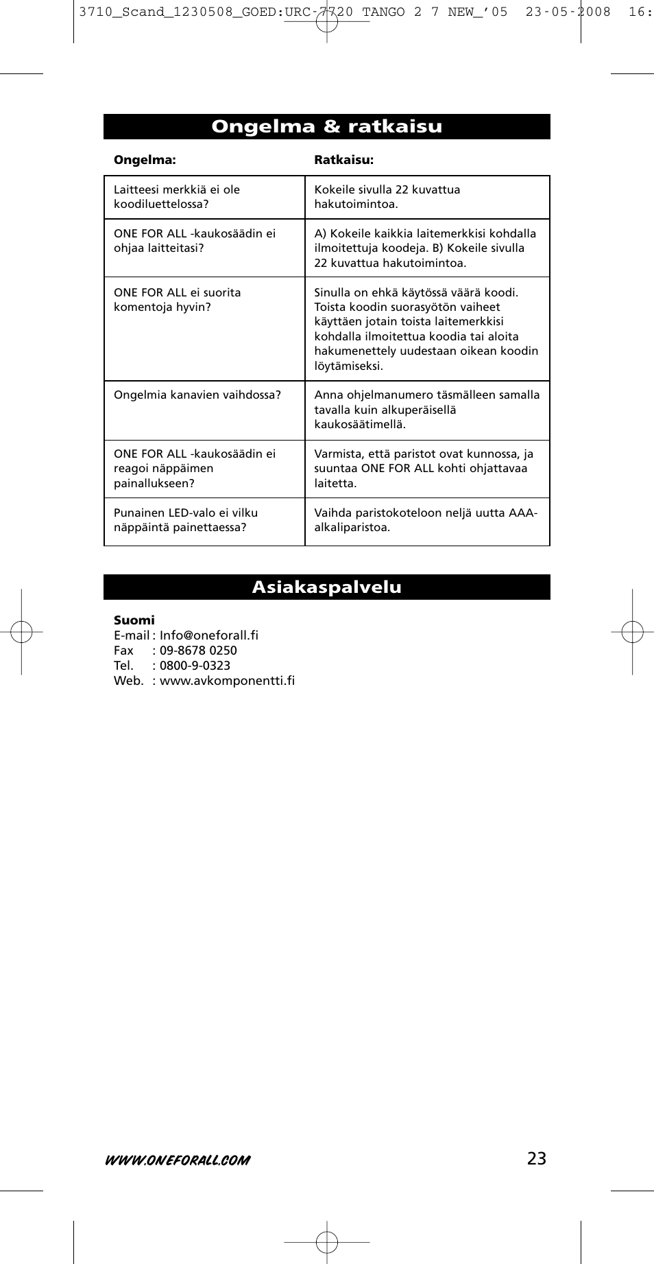 23 ongelma & ratkaisu, Asiakaspalvelu | One for All URC-3710 User Manual | Page 23 / 54