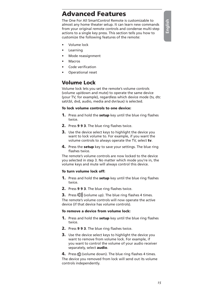 Dvanced, 6olume | One for All OARI06G User Manual | Page 15 / 66