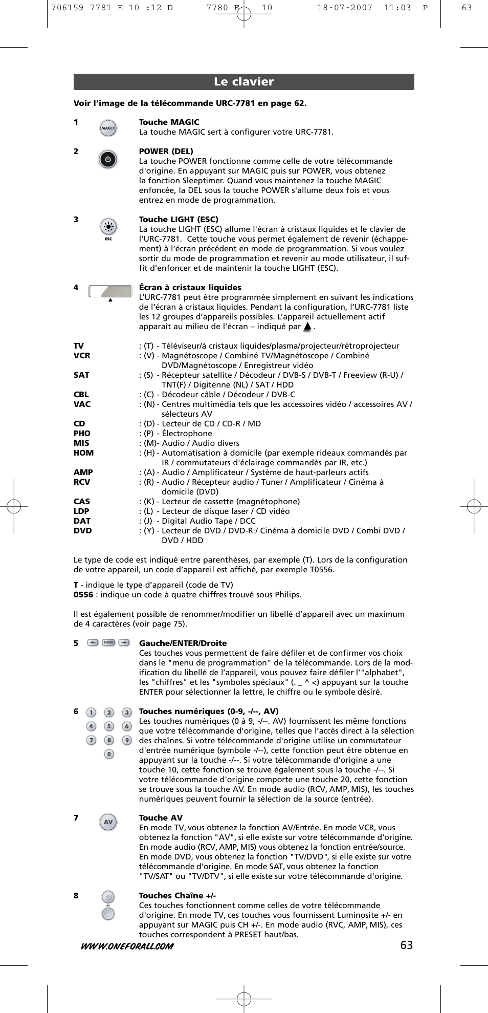 63 le clavier | One for All URC-7781 User Manual | Page 64 / 319