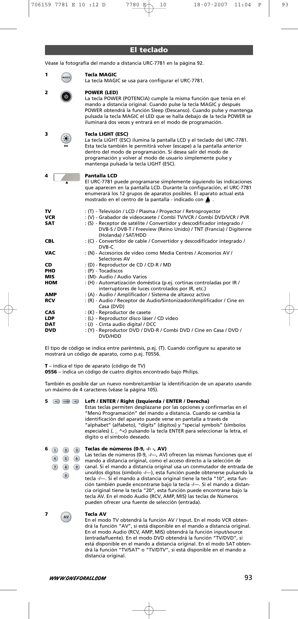 93 el teclado | One for All URC-7781 User Manual | Page 94 / 319