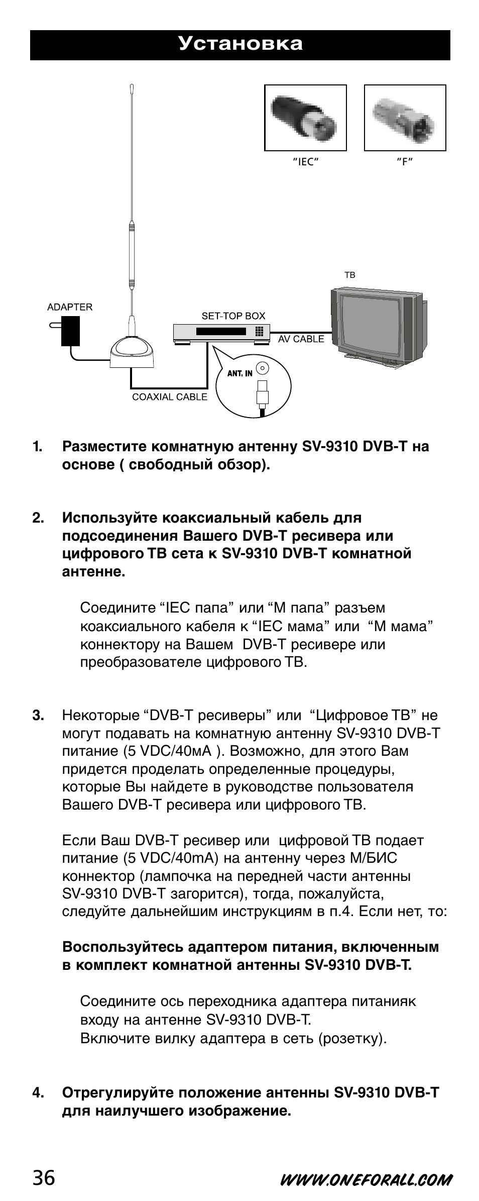 Установка | One for All SV-9310 User Manual | Page 36 / 40