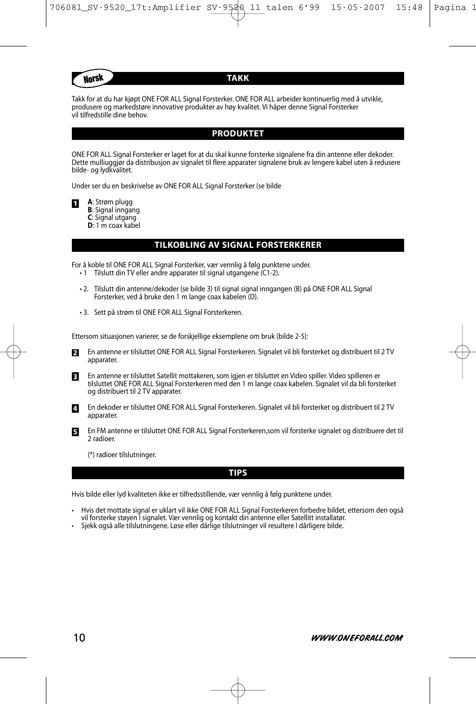 Norsk | One for All SV-9520 User Manual | Page 12 / 26