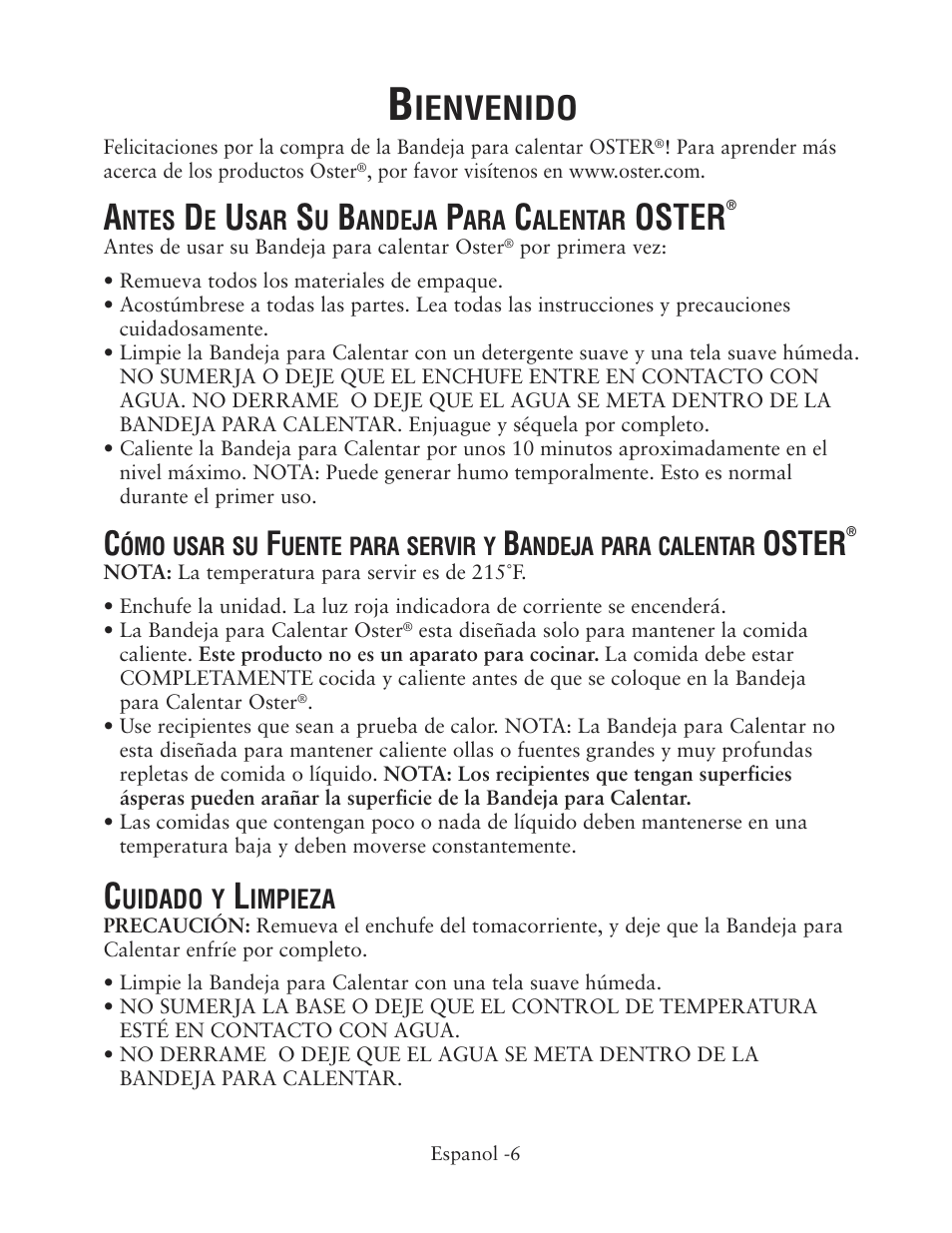 Oster, Ienvenido | Oster CKSTWTLS00 User Manual | Page 6 / 8