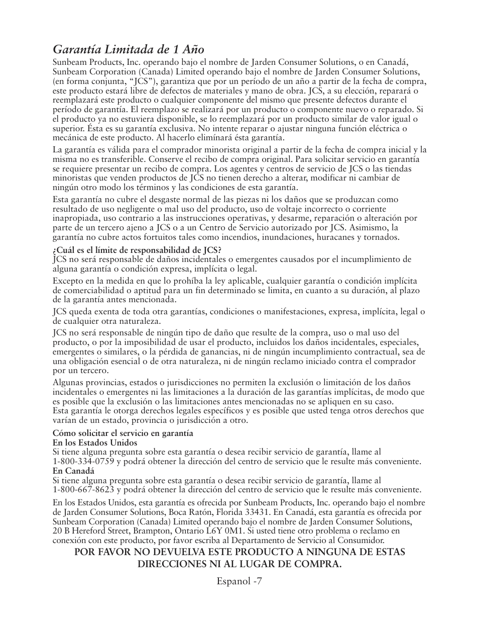 Garantía limitada de 1 año | Oster CKSTWTLS00 User Manual | Page 7 / 8