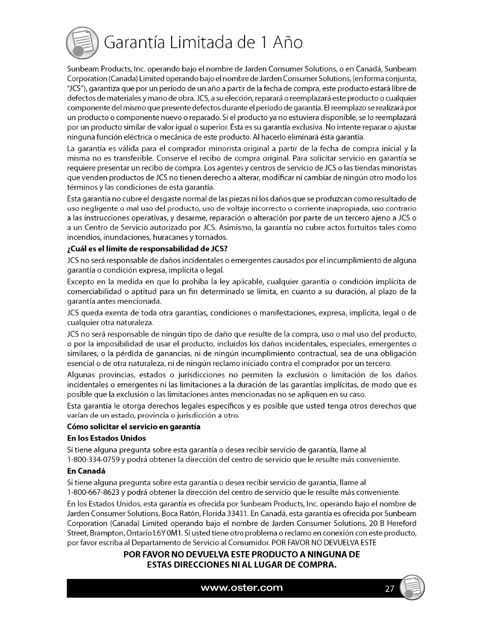Garantía limitada de 1 año | Oster FPSTCF7500 User Manual | Page 27 / 28