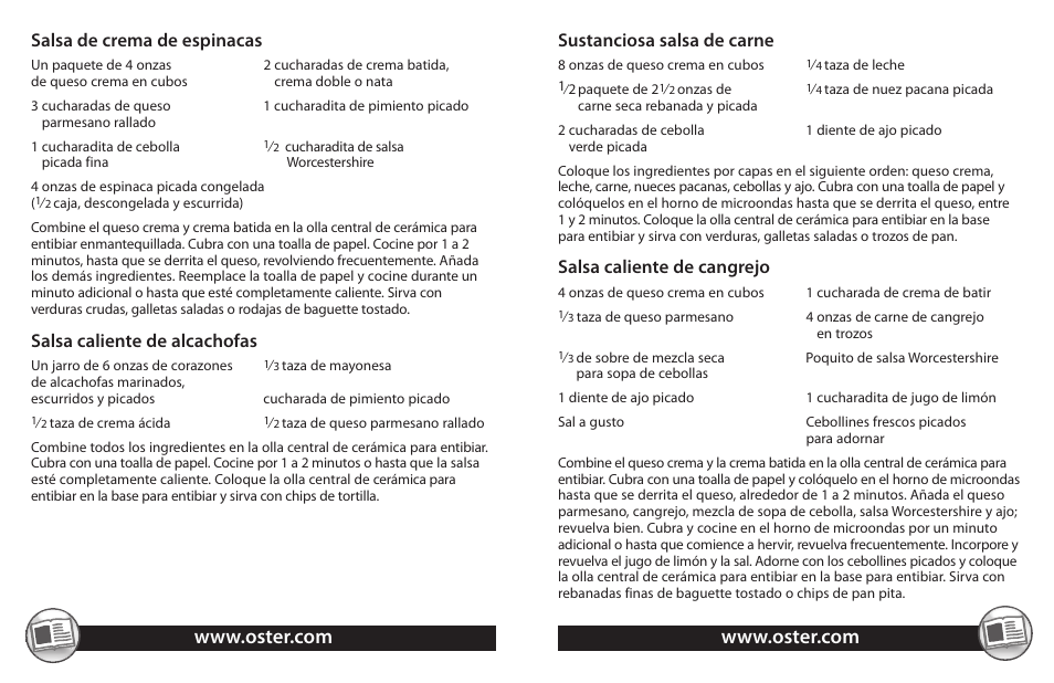 Sustanciosa salsa de carne, Salsa caliente de cangrejo, Salsa de crema de espinacas | Salsa caliente de alcachofas | Oster TSP100 User Manual | Page 14 / 16