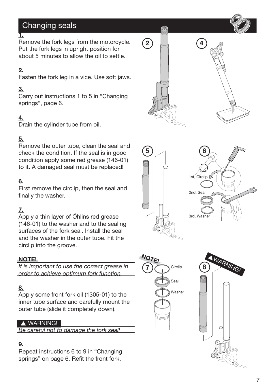 Changing seals | Ohlins FG 470 User Manual | Page 7 / 24