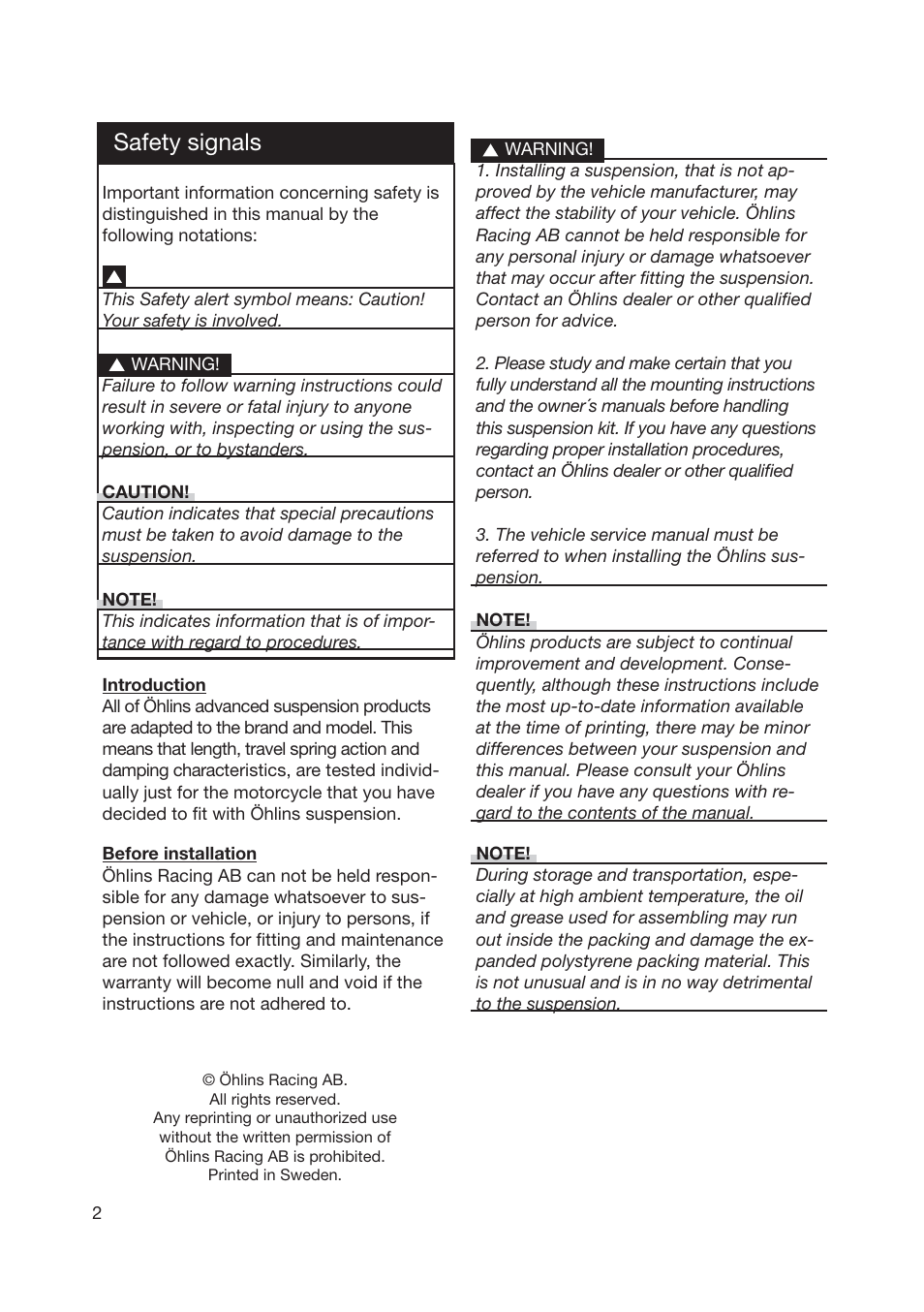 Safety signals | Ohlins SUPERBIKE FG 570 User Manual | Page 2 / 28