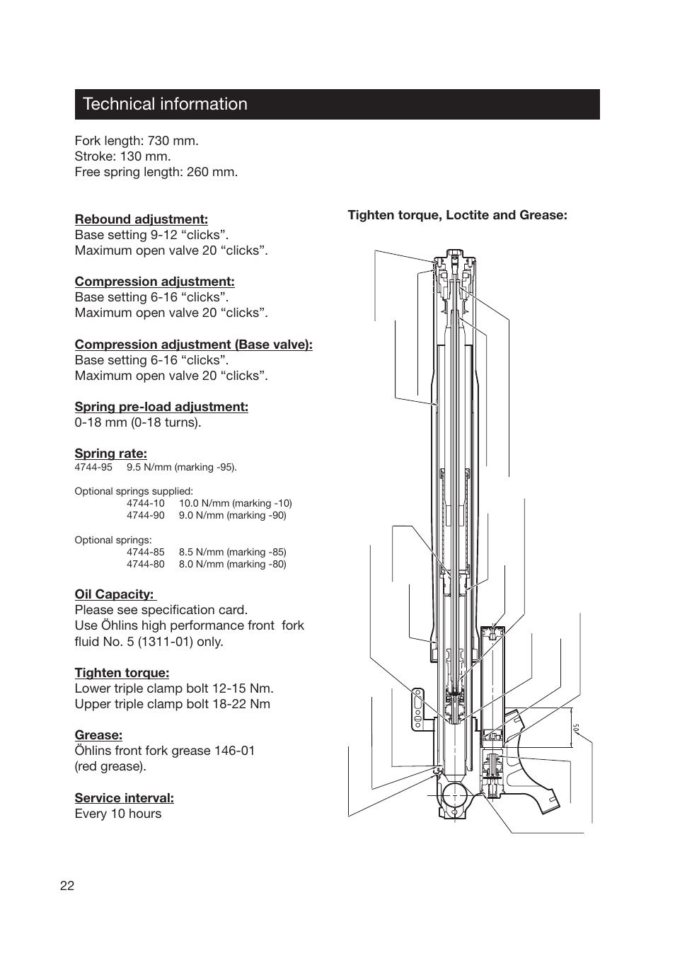 Technical information, 22 tighten torque, loctite and grease | Ohlins SUPERBIKE FG 570 User Manual | Page 22 / 28