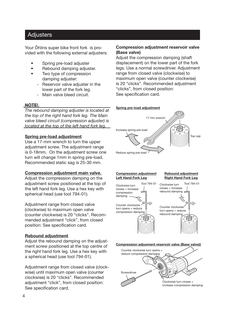 Adjusters | Ohlins SUPERBIKE FG 570 User Manual | Page 4 / 28