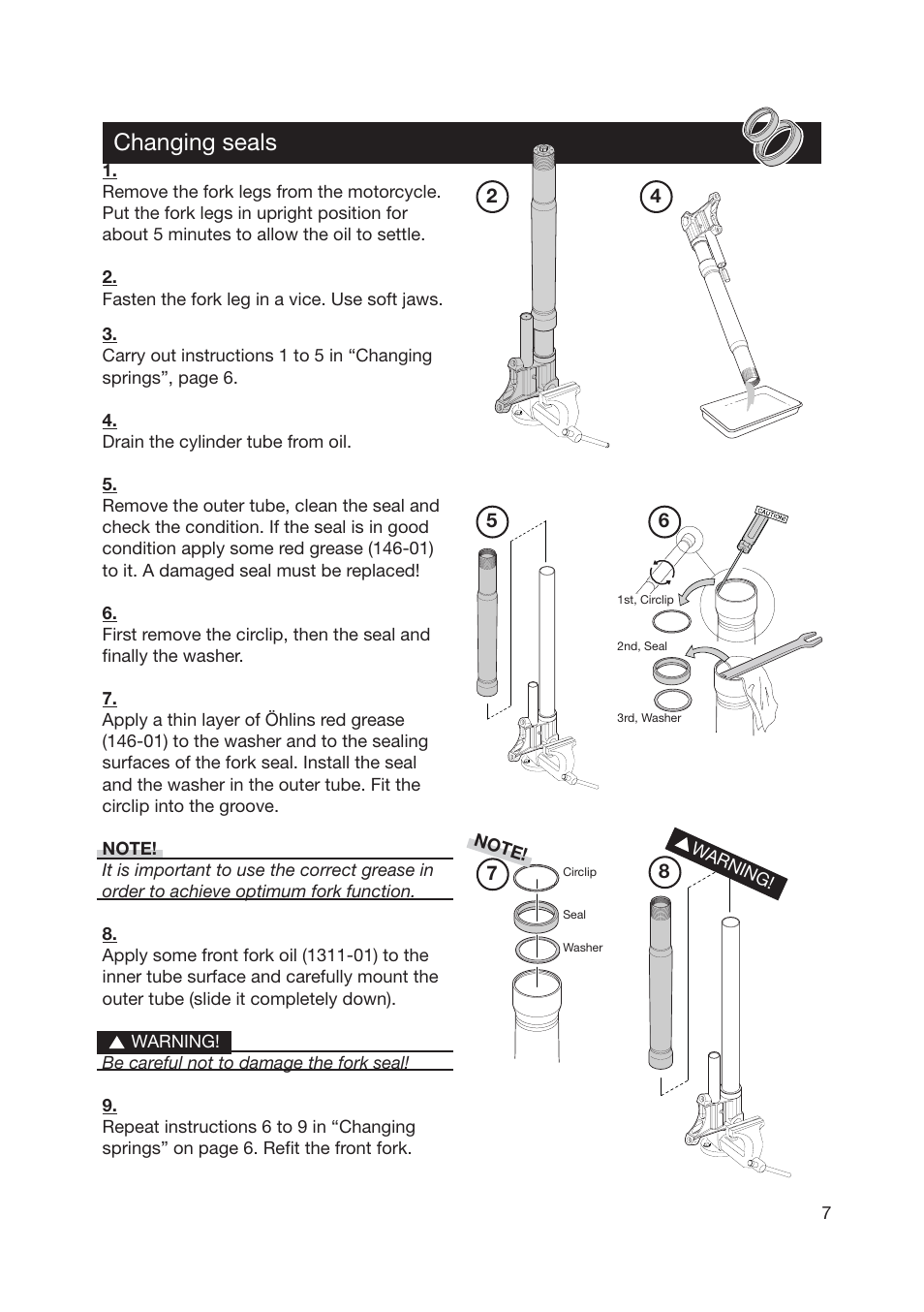 Changing seals | Ohlins SUPERBIKE FG 570 User Manual | Page 7 / 28