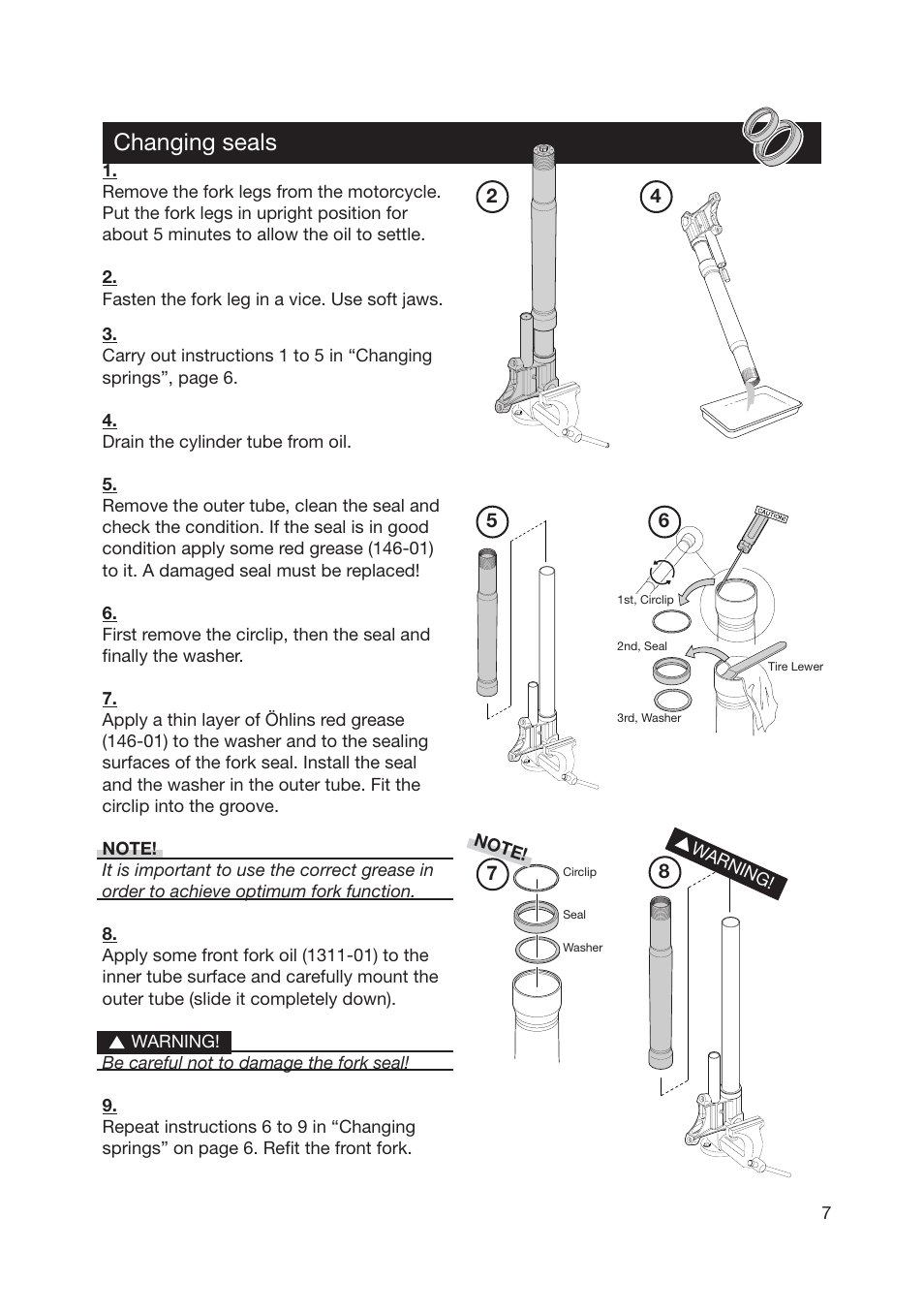 Changing seals | Ohlins FG 670 User Manual | Page 7 / 28