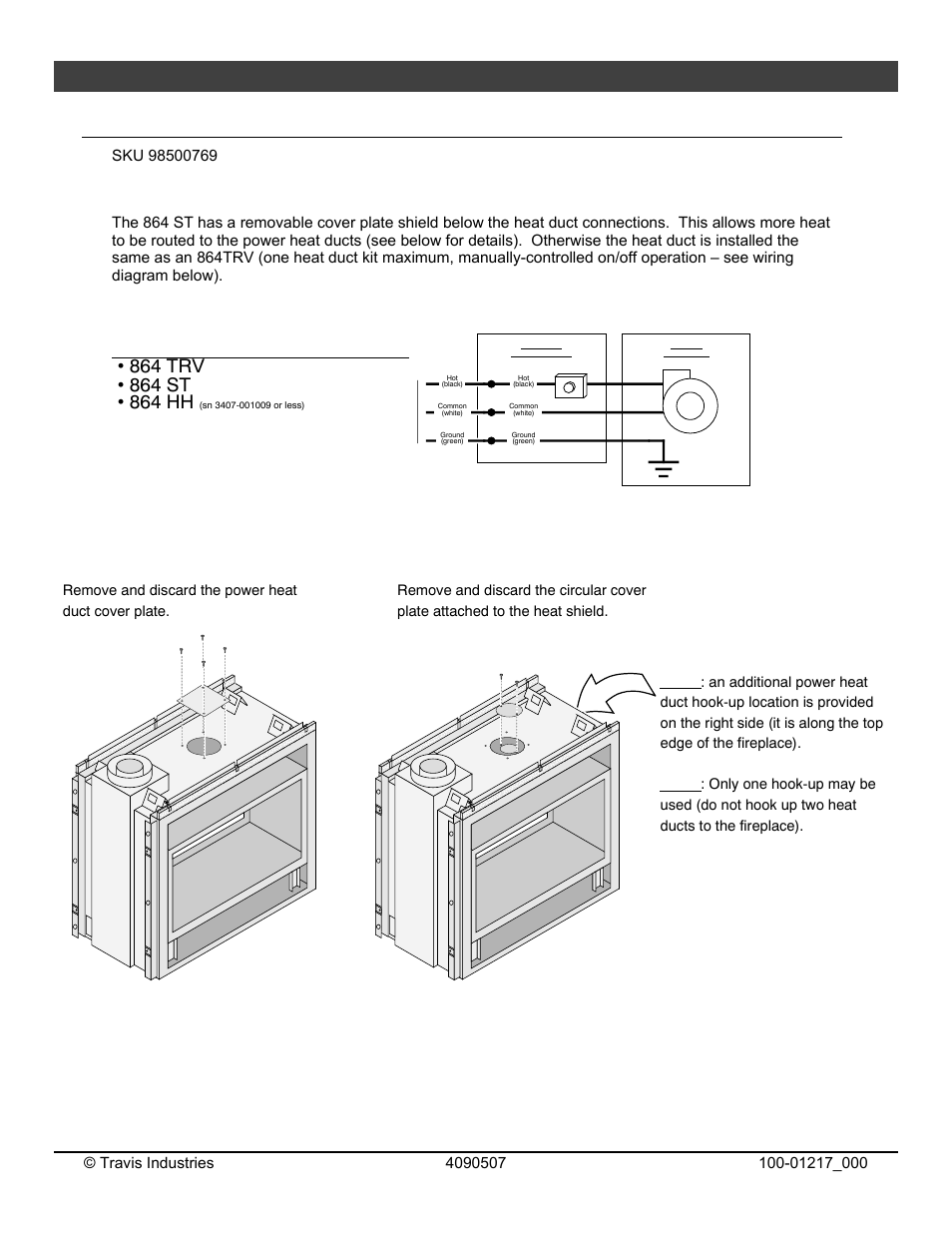 58 optional equipment, Extra room power heat duct, For qualified installers only) | Special instructions for 864 st, Power heat duct wiring diagram, Remove the heat shield cover plate | Omni Group GREEN SMART 864 User Manual | Page 58 / 72